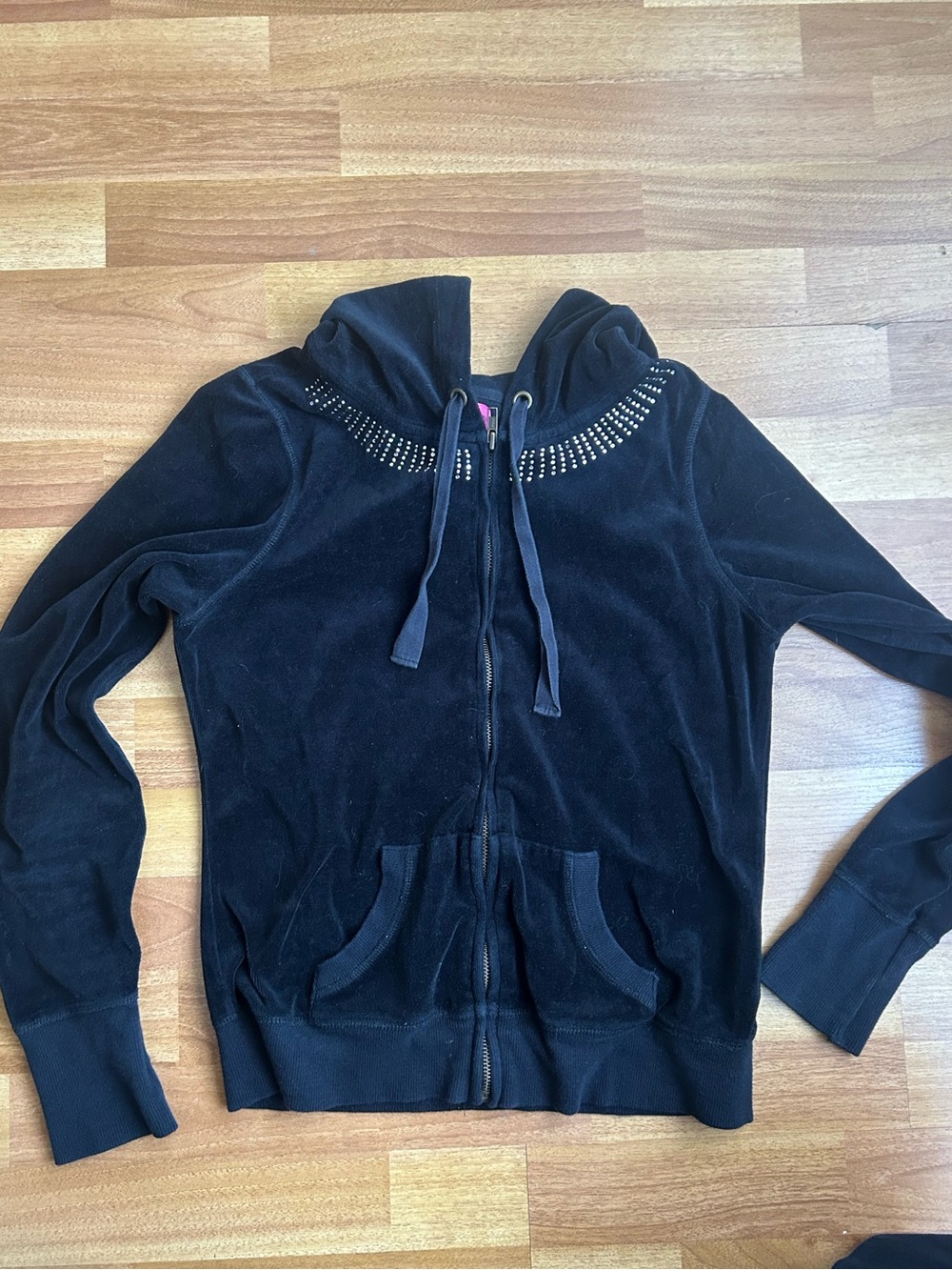 Y2K Jenni Black Velour Zip-Up Hoodie with rhinestone Studded Neck